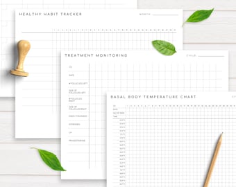 May include: Three printable pages for tracking healthy habits, treatment monitoring, and basal body temperature. The pages are white with black grid lines and text.