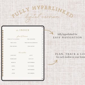 May include: A digital planner with a cream-colored interior and a black border. The planner includes sections for the index, plans & dreams, the logs, the books, the lessons, the miscellaneous, and the notes. Text reads "FULLY HYPERLINKED digital version".