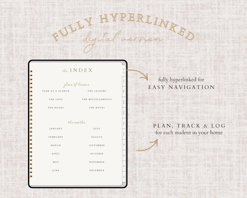 May include: A digital planner with a cream-colored interior and a black border. The planner includes sections for the index, plans & dreams, the logs, the books, the lessons, the miscellaneous, and the notes. Text reads "FULLY HYPERLINKED digital version".