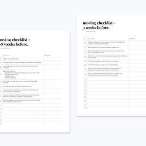 May include: A printable moving checklist with two columns, "To Do" and "Notes". The checklist is divided into two sections: 7-8 weeks before and 3 weeks before. The checklist includes tasks such as creating a moving binder, decluttering, arranging for transfer of medical records, and contacting companies that help get your new home ready.