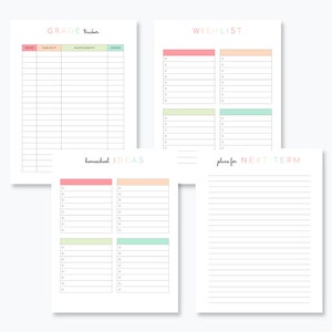 May include: Four printable pages with colorful headings and lined sections for organizing schoolwork. The pages include "Grade Tracker", "Wishlist", "Homeschool Ideas", and "Plans for Next Term".