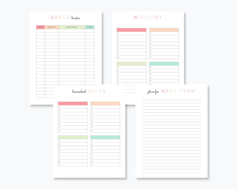 May include: Four printable pages with colorful headings and lined sections for organizing schoolwork. The pages include "Grade Tracker", "Wishlist", "Homeschool Ideas", and "Plans for Next Term".