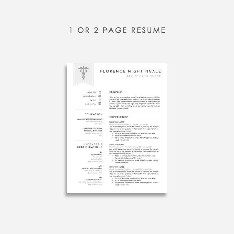 May include: A black and white resume template for a registered nurse. The template includes sections for profile, education, experience, licenses and certifications. The template also includes a medical symbol.