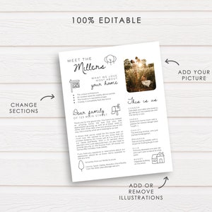 May include: A printable welcome card with a black and white illustration of a house with a mailbox and a tree. The text "Meet the Millers" is at the top of the card. The text "What we love most about your home" is below the illustration. The text "Dear family of 123 Main Street" is below the text about the home. The text "This is us" is on the right side of the card with a photo of a family in a field. The text "Add your picture" is above the photo. The text "Add or remove illustrations" is below the photo.