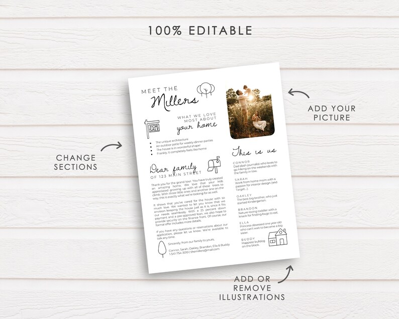 May include: A printable welcome card with a black and white illustration of a house with a mailbox and a tree. The text "Meet the Millers" is at the top of the card. The text "What we love most about your home" is below the illustration. The text "Dear family of 123 Main Street" is below the text about the home. The text "This is us" is on the right side of the card with a photo of a family in a field. The text "Add your picture" is above the photo. The text "Add or remove illustrations" is below the photo.