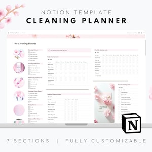May include: A laptop screen displaying a Notion template for a cleaning planner. The template is divided into seven sections: Monday Kitchen, Tuesday Bedrooms, Wednesday Bathrooms, Thursday Living Room, Friday Floors, Weekend Pick One, and Monthly Cleaning Tasks. The template is designed with a pink and white color scheme and features a pink flower graphic.