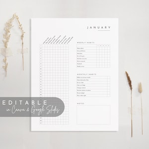 May include: A printable January habit tracker with sections for weekly and monthly habits, notes, and a daily grid. The tracker is editable in Canva and Google Slides.