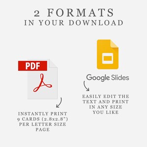 May include: Illustration of two file formats: a red PDF icon with the text "PDF" and a yellow Google Slides icon with the text "Google Slides". The PDF icon is labeled "Instantly print 9 cards (2.8x2.8") per letter size page". The Google Slides icon is labeled "Easily edit the text and print in any size you like".