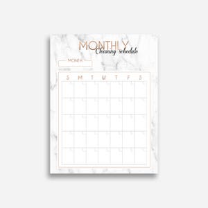May include: A printable monthly cleaning schedule template with a marble background. The template has a space to write the month, and a grid with days of the week labeled S, M, T, W, T, F, S.