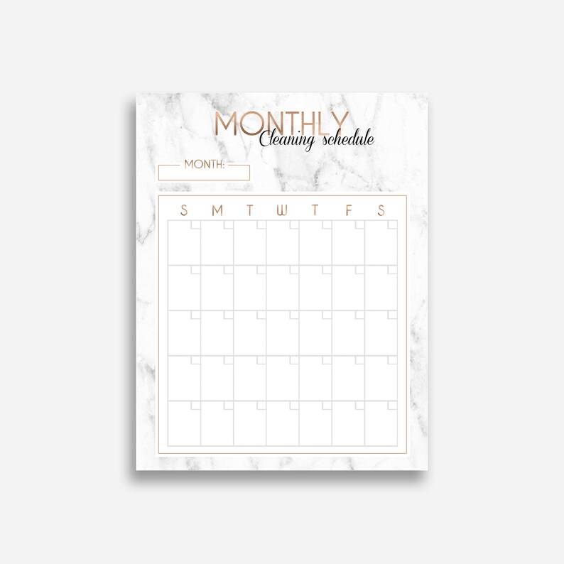 May include: A printable monthly cleaning schedule template with a marble background. The template has a space to write the month, and a grid with days of the week labeled S, M, T, W, T, F, S.