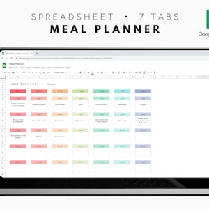 May include: A screenshot of a Google Sheets spreadsheet titled "Meal Planner". The spreadsheet is divided into seven tabs, each representing a day of the week. The first tab, "Meal Plan for January", is displayed and shows a weekly meal planner with a calendar layout. Each day has a color-coded box for meal planning.