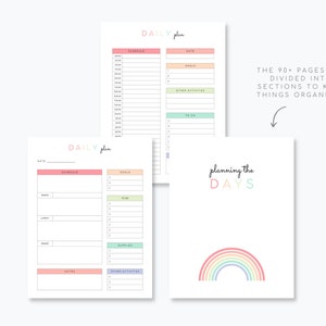 May include: A printable daily planner with a rainbow design. The planner has sections for scheduling, goals, to-do lists, and notes. The text "planning the days" is written in a rainbow font.