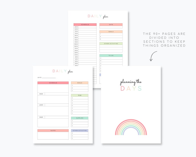 May include: A printable daily planner with a rainbow design. The planner has sections for scheduling, goals, to-do lists, and notes. The text "planning the days" is written in a rainbow font.