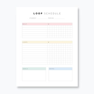 Op de afbeelding: Een printbare loop-schemaplanner met secties voor dagelijks, loops, doelen en notities. De planner heeft een lichtroze, gele en blauwe kleurschema.
