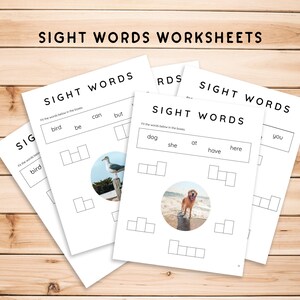 May include: Black and white printable worksheets for learning sight words. The worksheets feature images of a bird and a dog. The words "bird", "be", "can", "but", "dog", "she", "at", "have", "here", and "you" are included on the worksheets.