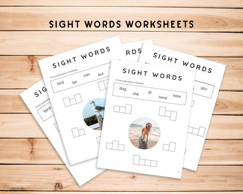 May include: Black and white printable worksheets for learning sight words. The worksheets feature images of a bird and a dog. The words "bird", "be", "can", "but", "dog", "she", "at", "have", "here", and "you" are included on the worksheets.