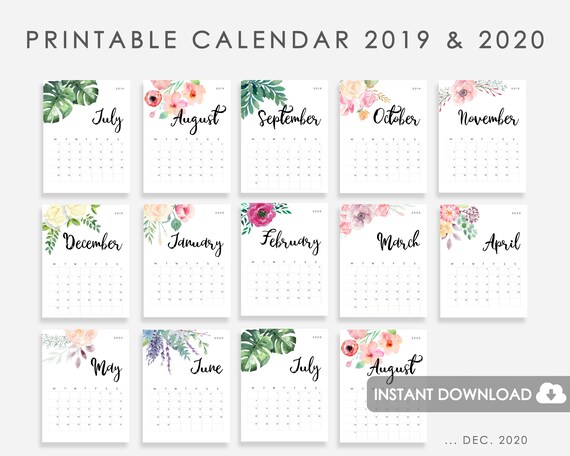 Calendar 2019 2020 PRINTABLE Calendar Watercolor Flowers