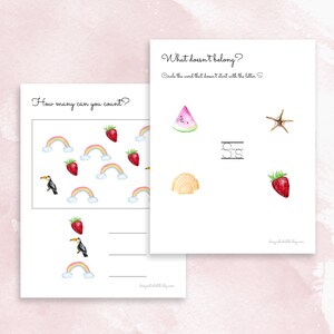 May include: A printable worksheet with two activities for kids. The first activity asks 'How many can you count?' and shows a picture of a toucan, rainbows, and strawberries. The second activity asks 'What doesn't belong?' and shows a watermelon, a starfish, a seashell, and a strawberry. The text 'Ss' is written on the page.
