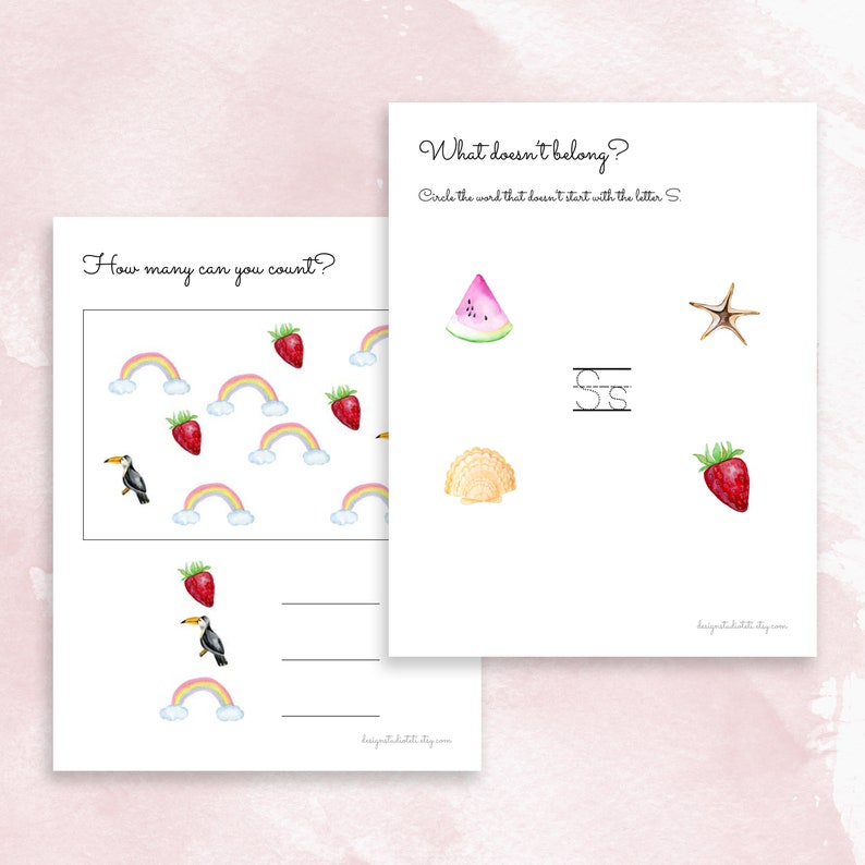 May include: A printable worksheet with two activities for kids. The first activity asks 'How many can you count?' and shows a picture of a toucan, rainbows, and strawberries. The second activity asks 'What doesn't belong?' and shows a watermelon, a starfish, a seashell, and a strawberry. The text 'Ss' is written on the page.
