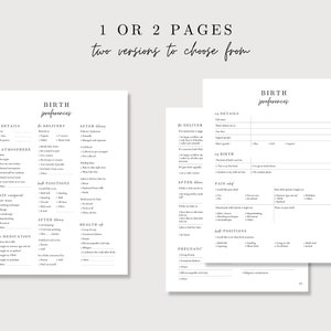 May include: Two printable pages with a checklist for birth preferences. The checklist includes sections for details, atmosphere, pain management, delivery, positions, after delivery, health, and pregnancy.
