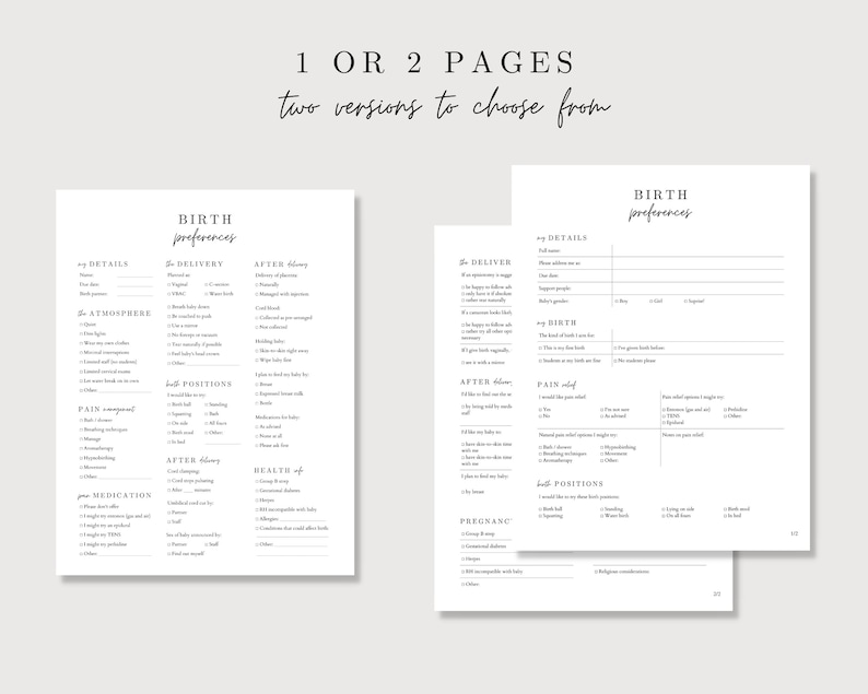 May include: Two printable pages with a checklist for birth preferences. The checklist includes sections for details, atmosphere, pain management, delivery, positions, after delivery, health, and pregnancy.