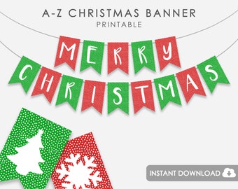 Weihnachtsgirlanden herunterladen, druckbare Weihnachtsgirlanden, rot-grüne Weihnachtsalphabet-Buchstaben A-Z, DIY-Weihnachtsgirlandentext, Textgirlande Weihnachten