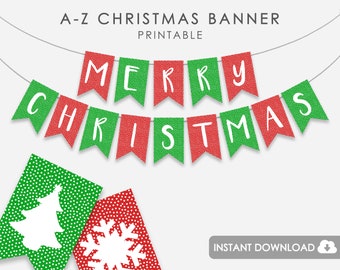 Printable Christmas Banner Alphabet A-Z, Christmas Banner Printable Letters A-Z, Christmas Alphabet Letter Banner, DIY Christmas Decor