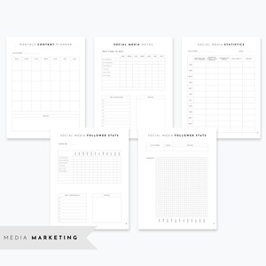Puede incluir: Un planificador de marketing de redes sociales imprimible en blanco y negro con secciones para contenido mensual, notas de redes sociales, estad&iacute;sticas de redes sociales y estad&iacute;sticas de seguidores de redes sociales.
