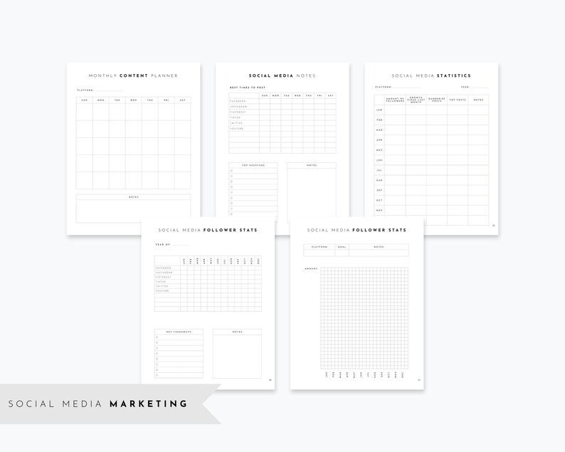 Puede incluir: Un planificador de marketing de redes sociales imprimible en blanco y negro con secciones para contenido mensual, notas de redes sociales, estad&iacute;sticas de redes sociales y estad&iacute;sticas de seguidores de redes sociales.