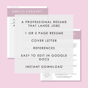 Pode incluir: Um modelo de design gr&aacute;fico rosa e branco para um curr&iacute;culo profissional. O texto diz "Um curr&iacute;culo profissional que consegue empregos" e "F&aacute;cil de editar no Google Docs".