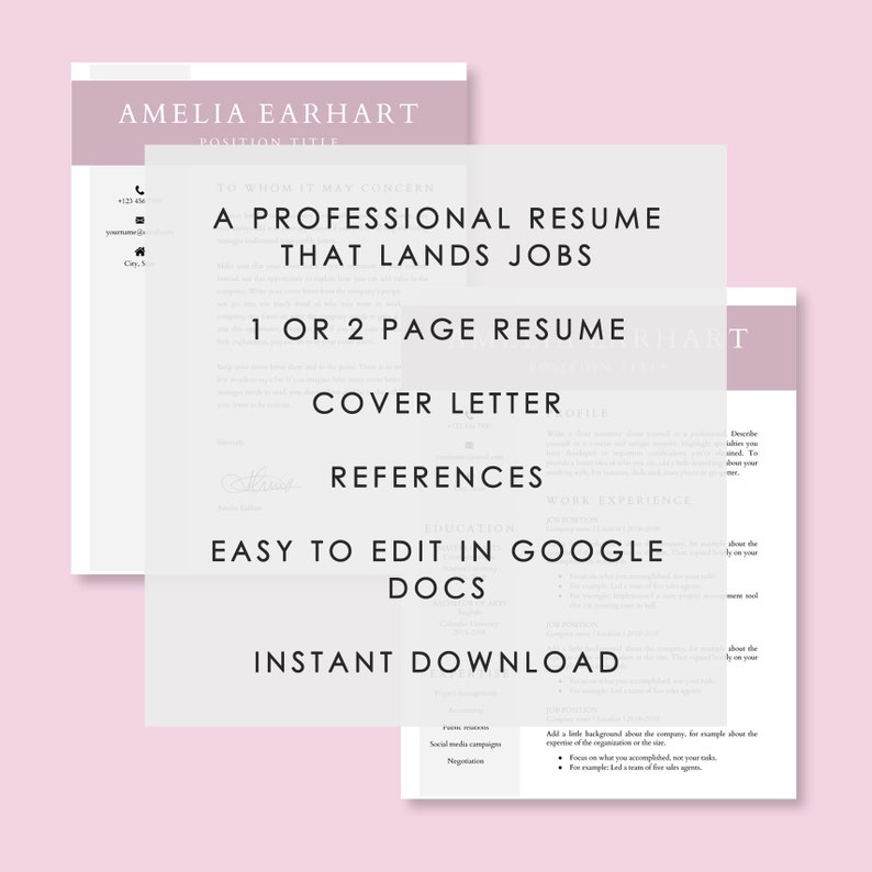 Pode incluir: Um modelo de design gr&aacute;fico rosa e branco para um curr&iacute;culo profissional. O texto diz "Um curr&iacute;culo profissional que consegue empregos" e "F&aacute;cil de editar no Google Docs".