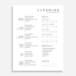 May include: A black and white printable cleaning schedule checklist with daily, weekly, and monthly tasks. The checklist includes tasks like making beds, doing laundry, cleaning the kitchen, bathrooms, and family room.
