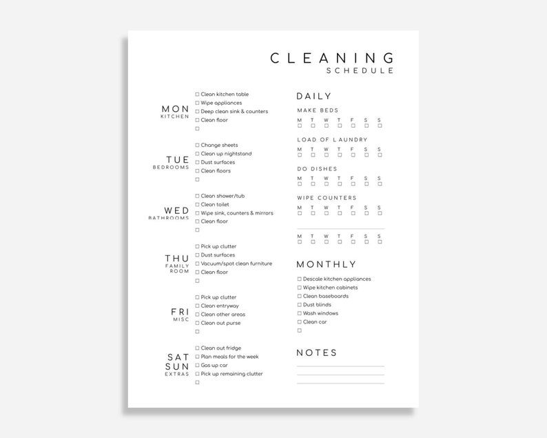 May include: A black and white printable cleaning schedule checklist with daily, weekly, and monthly tasks. The checklist includes tasks like making beds, doing laundry, cleaning the kitchen, bathrooms, and family room.