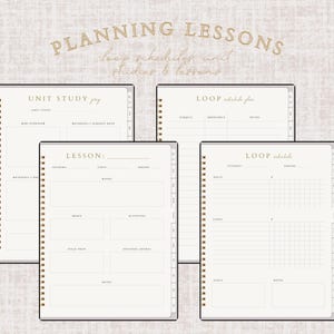 May include: Four open notebooks with spiral binding and gold accents. The notebooks have beige pages with black text and are labeled "UNIT STUDY", "LESSON", and "LOOP schedule". The top of the image reads "PLANNING LESSONS" in gold lettering.