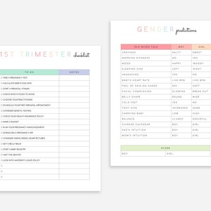 Puede incluir: Una lista de verificaci&oacute;n imprimible para el primer trimestre del embarazo con una secci&oacute;n para tareas y notas. La segunda secci&oacute;n es un cuadro de predicci&oacute;n de g&eacute;nero con cuentos de viejas y un sistema de puntuaci&oacute;n para ni&ntilde;o o ni&ntilde;a.