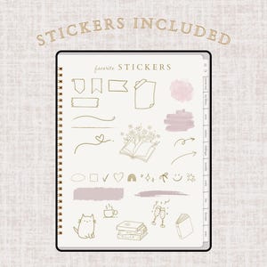 May include: A digital planner with a spiral binding, featuring a collection of stickers. The stickers include various shapes, lines, and illustrations in gold and pink hues. The text "STICKERS INCLUDED" is at the top.