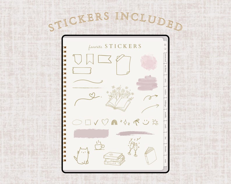 May include: A digital planner with a spiral binding, featuring a collection of stickers. The stickers include various shapes, lines, and illustrations in gold and pink hues. The text "STICKERS INCLUDED" is at the top.