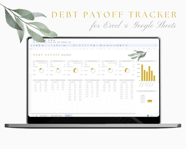 May include: A laptop computer displaying a spreadsheet with the title "DEBT PAYOFF tracker" for Excel & Google Sheets. The spreadsheet includes charts and graphs to track debt payments and progress.