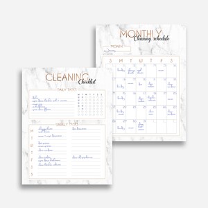 May include: A printable cleaning checklist with a marble background. The checklist includes daily and weekly tasks, as well as a monthly cleaning schedule.