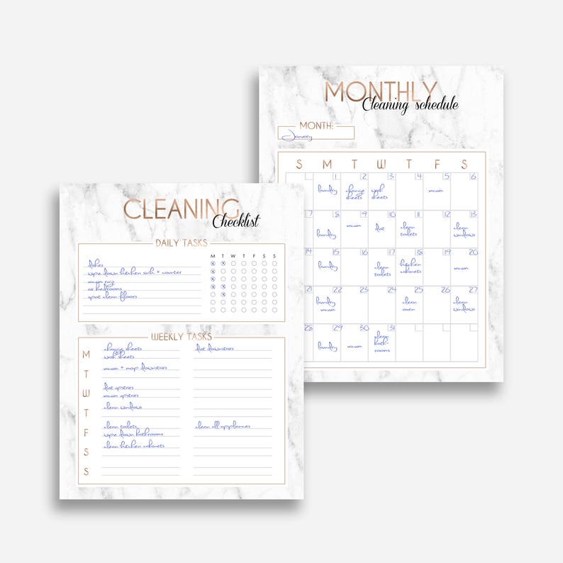 May include: A printable cleaning checklist with a marble background. The checklist includes daily and weekly tasks, as well as a monthly cleaning schedule.