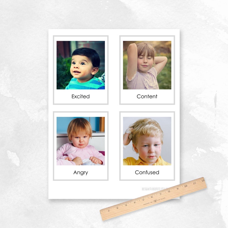 May include: Four images of children expressing different emotions. The first image shows a child with a surprised expression, labeled "Excited". The second image shows a child with a relaxed expression, labeled "Content". The third image shows a child with an angry expression, labeled "Angry". The fourth image shows a child with a confused expression, labeled "Confused".