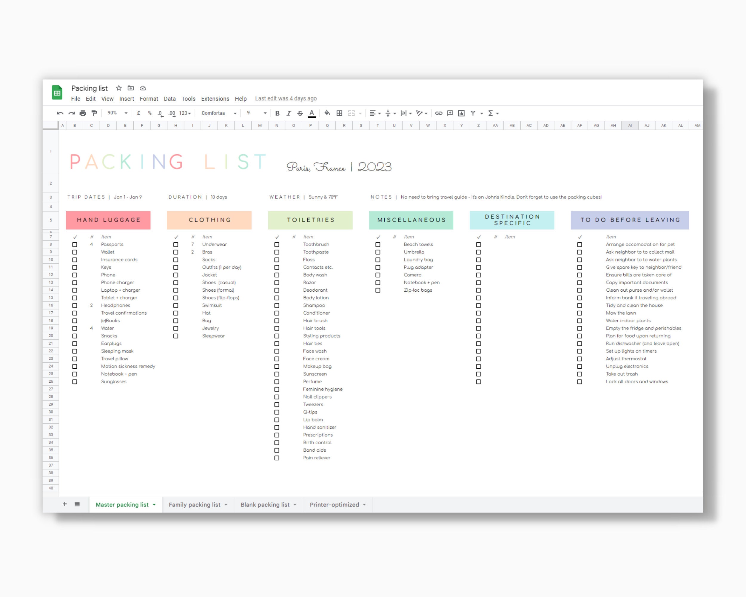 Packing List Template for Google Sheets - Etsy