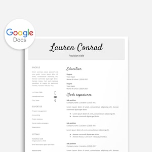 Pode incluir: Um modelo de currículo com o nome Lauren Conrad no topo. O currículo inclui seções para perfil, educação, experiência profissional, experiência e extras.