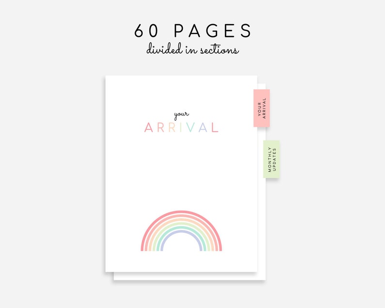 K&ouml;nnte beinhalten: Ein druckbares Baby-Erinnerungsbuch mit 60 Seiten, die in Abschnitte unterteilt sind. Das Cover zeigt einen Regenbogen in Pastellfarben und den Text "your arrival".