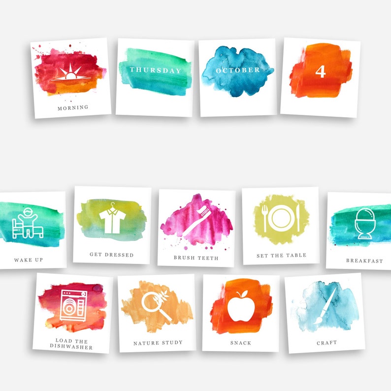 May include: A set of 10 watercolor cards with daily activities for kids. The cards feature colorful watercolor backgrounds with white icons and text. The activities include wake up, get dressed, brush teeth, set the table, breakfast, load the dishwasher, nature study, snack, craft, and morning.