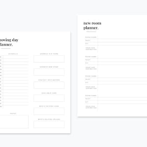 May include: A printable moving day planner with a schedule, address information, contact info for movers, and notes. The planner also includes a new room planner with sections for room name, paint, DIY, and ideas and inspiration.