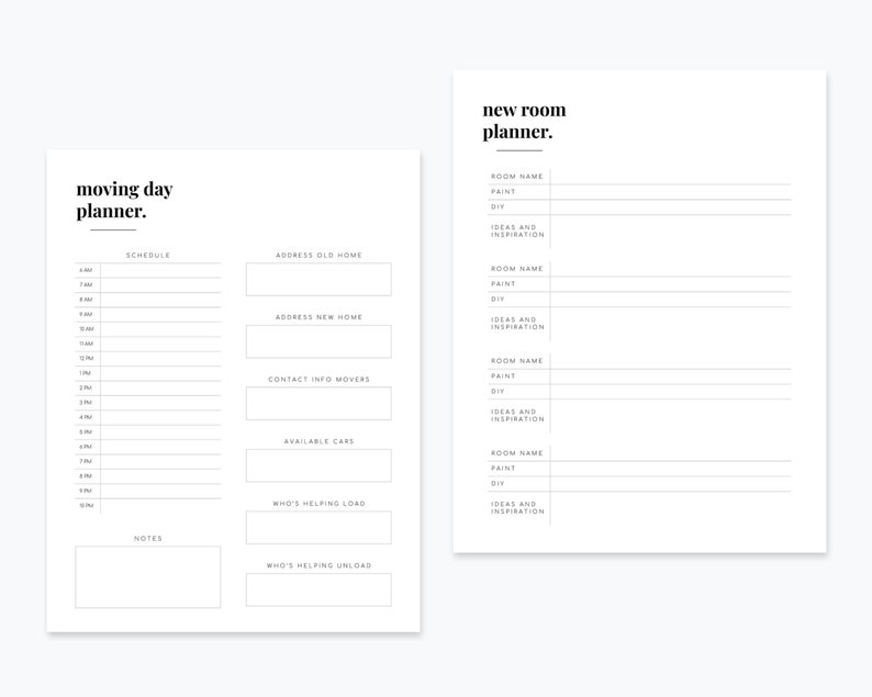 May include: A printable moving day planner with a schedule, address information, contact info for movers, and notes. The planner also includes a new room planner with sections for room name, paint, DIY, and ideas and inspiration.