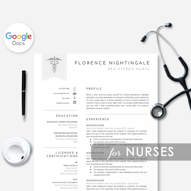 May include: A resume template for a registered nurse with a profile, education, licenses and certifications, and experience sections. The template features a medical symbol and a stethoscope.