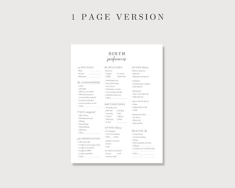 May include: A printable birth preferences checklist with sections for details, delivery, atmosphere, pain management, medication, after delivery, and health of the mother. The checklist includes options for various preferences, such as desired atmosphere, pain management techniques, and postpartum care.