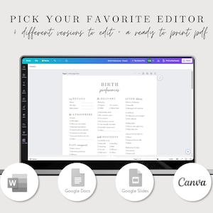 May include: A laptop screen displaying a printable birth preferences checklist with sections for details, delivery, atmosphere, pain management, positions, and after delivery. The checklist is available in four different formats: Word, Google Docs, Google Slides, and Canva.